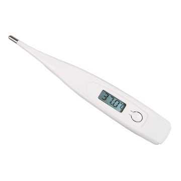 Close view of the oral thermometer for kids and adults that has a fever alarm, last reading recall, dual scale, beeps, auto-off 1.5V battery, and waterproof
