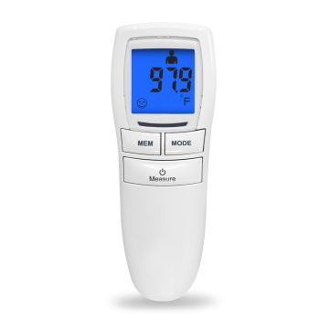 White, non-contact Infrared forehead thermometer with a memory, mode, and measure button. Screen turns blue when the temperature is taken. Can be changed from Fahrenheit or Celsius.