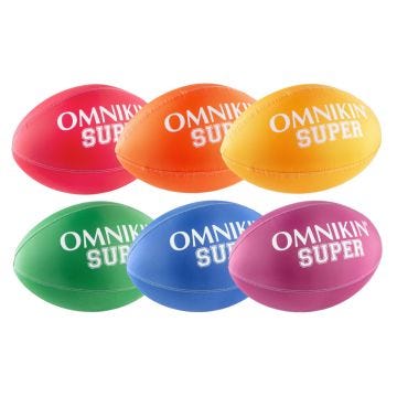 Set of six footballs with OMNIKIN SUPER written in large, white lettering. Footballs come in red, orange, yellow, green, blue, and purple.