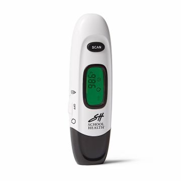 Front view of School Health portable infrared temperature thermometer no touch; medical thermometer featuring a digital temperature window; a black scan button and an on/off button 