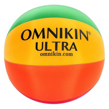 A multicolored ball showing yellow, green, orange, and red with OMNIKIN ULTRA written in large black lettering across it.