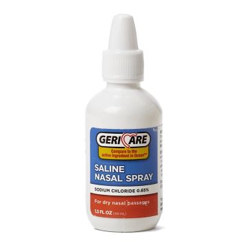 front view of GeriCare saline nasal spray used for dry nasal passages. 1.5 fl. oz. spray bottle