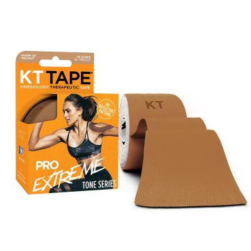 a package of 10 inch precut; 20 strips of kt pro extreme skin tone series tape with no reflective pattern in color warm-up walnut