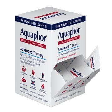 Front view of box of 144 Aquaphor Healing Ointment Singles