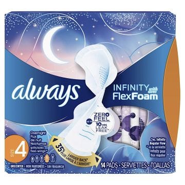Always Infinity Overnight Pads, Size 4, 14/pack, always, pad