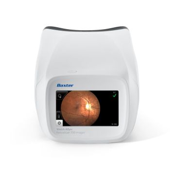 A handheld retina camera with a screen displaying an image of the retina. The device is labeled "Baxter".