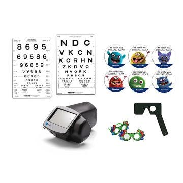 Package includes Grey faced black Spot Vision Screener, multi-color parrot occluders, black spectacle occluder, set of 6 colorful monster stickers plus white Vision charts with black writing.