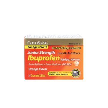 Front view of box of 24 Orange Flavor Jr. Strength Ibuprofen Chewable Tablets
