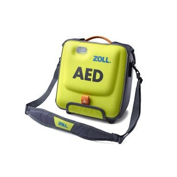 front view of the Zoll AED 3 Carry Case in a bright green color with a carry handle located towards the top of case; an over the shoulder strap and aed status indicator window. Designed to fit the new Zoll AED 3 defibrillator.
