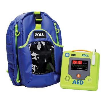 a blue empty g3 quicklook aed backpack featuring a zoll branded design showing a green uncovered aed outside backpack