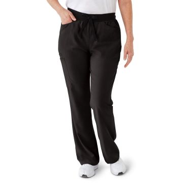 Front view of model shown from the waist down wearing black scrub pants with a drawstring waist