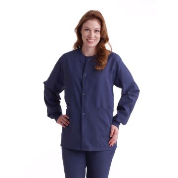 Front view of a model with her hands on her hips; wearing a navy-blue button-down jacket. Jacket has 2 pockets and elastic wristbands.