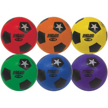 Set of 6 Rubber Soccer Balls in red, orange, yellow, green, blue, and purple