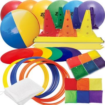 White mesh bag surrounded by colorful items. See product description for full list of content.