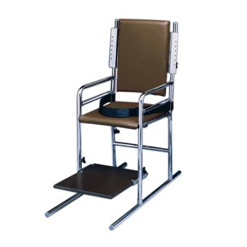 the bailey adjustable classroom chair in the standard color chestnut featuring a seat belt; a footrest, and stabilizing skis to prevent tipping. The chair back can be raised and lowered. Adjustable seat depth. 