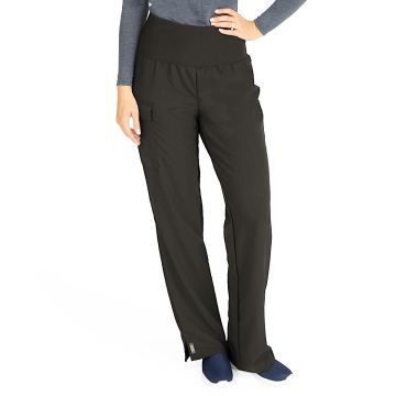 Front view of model shown from the waist down wearing navy scrub pants with wide stretchy waistband.