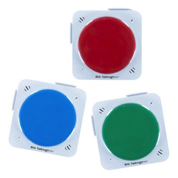Set of three Ablenet BIG TalkingBrix 2 aac devices for special education. The set of three has large color tops available in red, blue, and green. This speech device  can be used around the classroom or home. 
