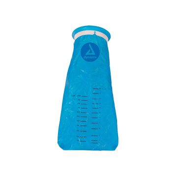 Disposable blue bag featuring numerical markings and a ringed opening.