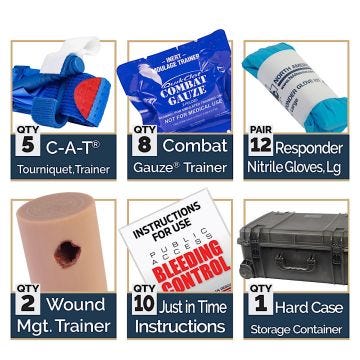 North American Rescue Public Access Bleeding Control Training Kit with 5 C-A-T Tourniquets, 8 Combat Gauze. 12 Responder Gloves, 2 Wound Mgt. Trainer, 10 Just in Time Instructions, 1 Hard Case