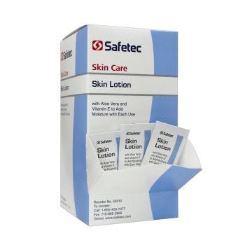 Front view of box of 144 Safetec Skin Lotion Individual Packets