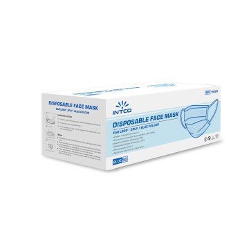 Side angle of box of 50 Intco Earloop Face Masks