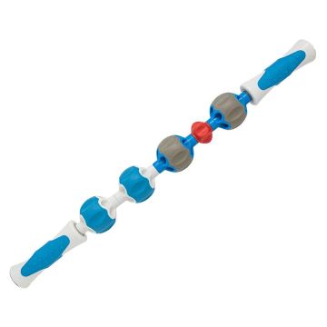 A long blue and white massage roller.