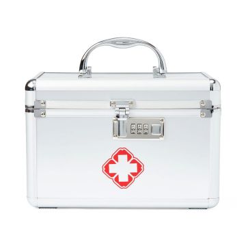 Front View of Locked Gray Color Medication Lock Box with Handle