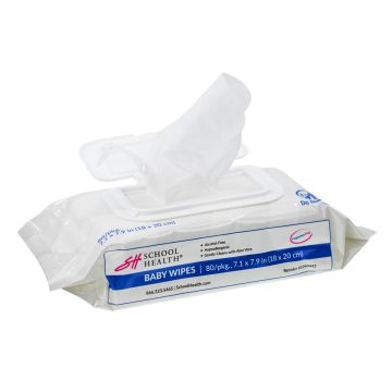 Left side angle of open container of School Health Gentle and Hypoallergenic Baby Wipes, 80 per pack