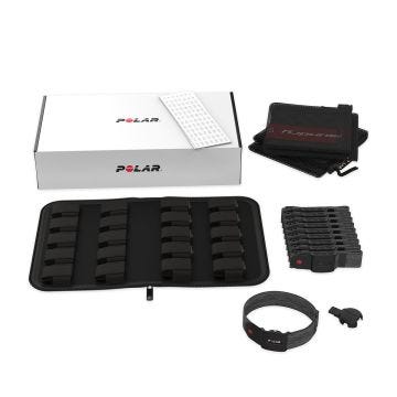Group image including a white box, carrying case, ten arm sensors, USB charger, and pouch.