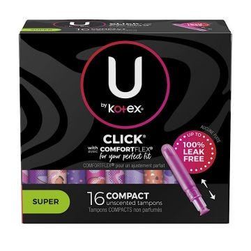A black box with tampon super absorbent information and U by Kotex logo