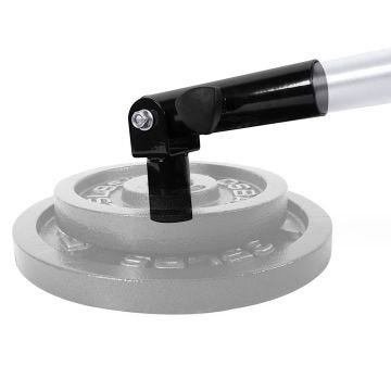 A black landmine attachment secured onto a barbell sleeve