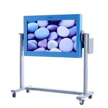 The VisiLift Plus Interactive and Multi touch display in an upright position with an image of pebbles on the screen. The VisiLift Plus is mobile with braked casters.