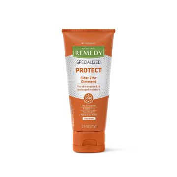 front view of remedy specialized clear zinc ointment treatment for sensitive skin; chg compatible; fragrance free; paraben free and hypoallergenic and for all ages; 2.5 oz.