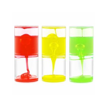 front view of the ooze tube set 3 speed 3 pack in colors red; yellow and green. Each slime oozes through the center of the tube at a different speeds fast; medium and slow. Great for any sensory collection. 