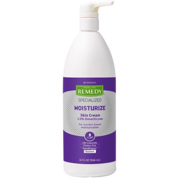 Front view of Medline specialized moisturize remedy skin repair cream in a white 32 oz. pump bottle, 1.5% Dimethicone, CHG Compatible, Paraben free, Hypoallergenic, and scented. 