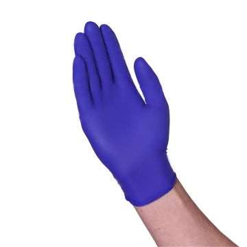 Side angle of box of 100 Large Full Textured Blue 5mil Nitrile Exam Gloves