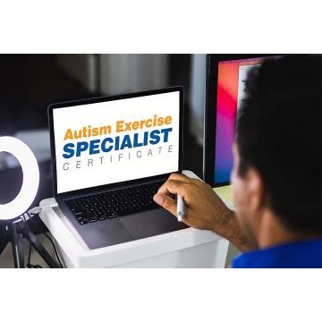Over the shoulder perspective of a dark haired man looking at a laptop screen with the words Autism Exercise Specialist Certificate displayed.
