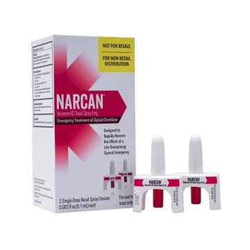 Front view of NARCAN® Naloxone HCI 4 mg nasal spray pink and white package box; displaying two single dose NARCAN® Naloxone nasal spray devices for emergency treatment of opioid overdose.