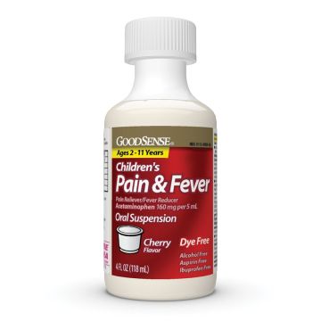 goodsense children's acetaminophen pain reliever and fever reducer;oral suspension;160mg;4 ounce dye-free;cherry flavor