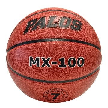 Traditional brown basketball with large black text on 3 front panels - Palos MX-100 Official Size 7