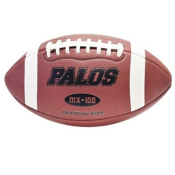 A brown football with white stripes and laces. Large black text on the front top panel - Palos MX-100 Official Size.