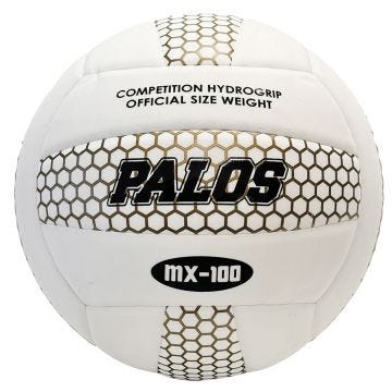 White 18-panel volleyball with gold honeycomb pattern on 6 panels. Black print 3 front panels - Competition hydrogrip official size weight; Palos, MX-100.