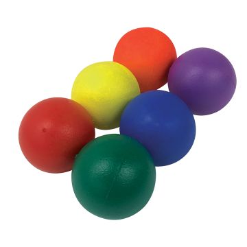 Front view of 6 assorted colors (Red, Orange, Yellow, Green, Blue, Purple) of The Zone™ 3” Coated Foam Balls