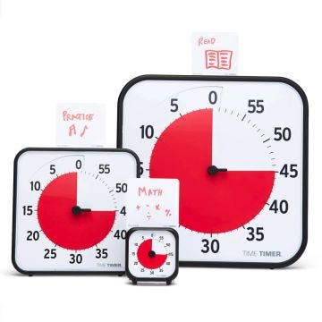 time timer dry erase activity cards attached in slots across the top of the different size time timer clocks 