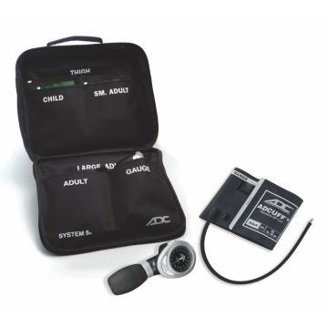 The System 5+ Portable 5 Cuff Sphyg with Adcuff+  includes 5 cuffs: child, small adult, adult, large adult, and thigh, heavy-guty 600 denier nylon attaché style case, and a revolutionary palm-style manometer with integral bulb. 