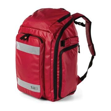 Side angle of closed 5.11 Fire Red Responder 72 Backpack