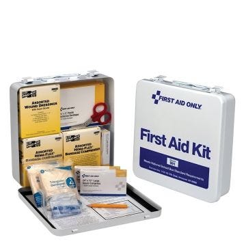 Open Steel 50 Person National Standard Bus First Aid Kit with Assorted Wound Dressings, Triangular Bandages, Gauze Compress, Hema-Flex Bandage Compresses, shears, and a pencil