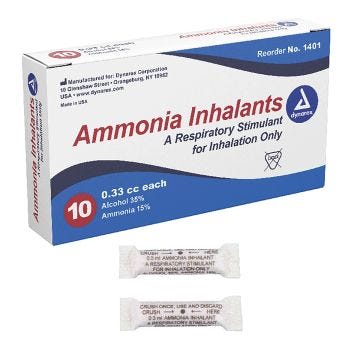 Front view of .33CC Ammonia Inhalants (Ampule) in front of box of 10 inhalants