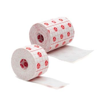 Side angle of two 2" x 10 yds of White Cramer Cover-All Tape with 12 rolls per case