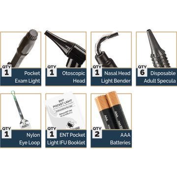 ENT Pocket Light Set with 1 Pocket Exam Light, 1 Otoscopic Head, 1 Nasal Head Light Bender, 6 Disposable Adult Specula, 1 Nylon Eye Loop, 1 IFU Booklet and 2 AAA Batteries